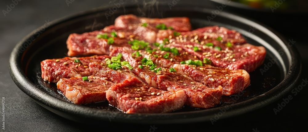 Marinated Beef Slices on a Black Plate. Marinated Beef Slices on a Black Plate.