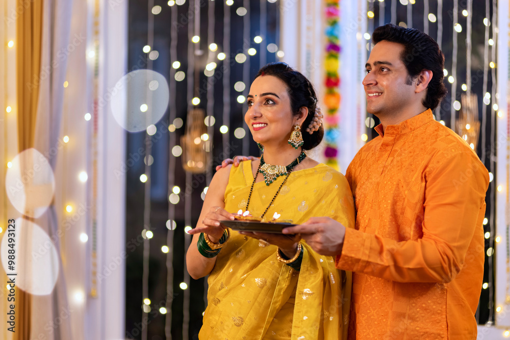 Happy Indian couple decorating with Diya oil lamps on the occasion of Diwali festival celebration Happy Indian couple decorating with Diya oil lamps on the occasion of Diwali festival celebration