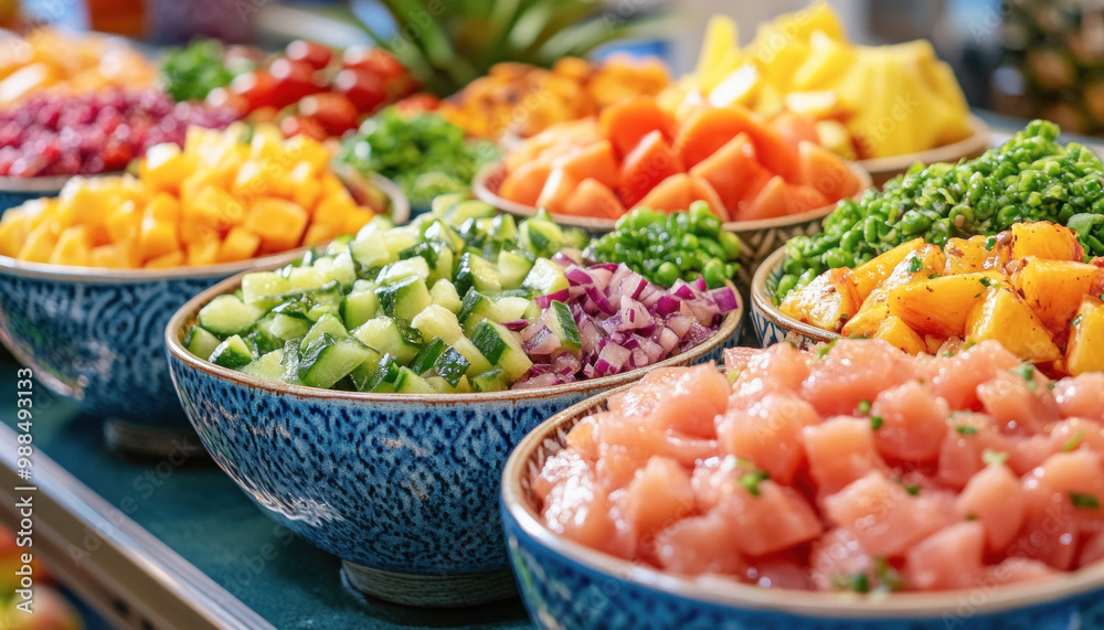 Freshly chopped ingredients waiting in bowls for customers at salad bar Freshly chopped ingredients waiting in bowls for customers at salad bar