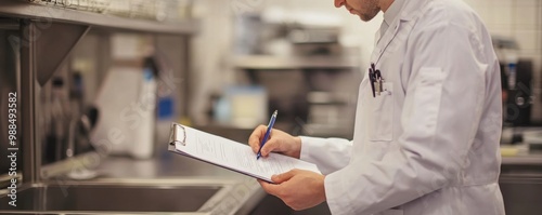 Food Safety Audit Inspection, Inspector Checking Sanitation Protocols with Clipboard in Restaurant photo