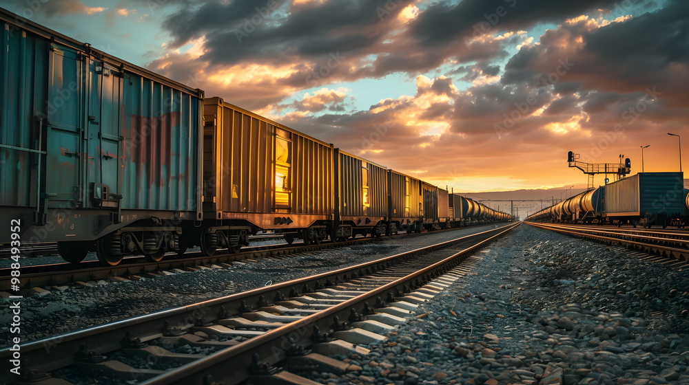 Obraz premium A freight train on a railway track transports containers and tanks with fuel. AI Generated