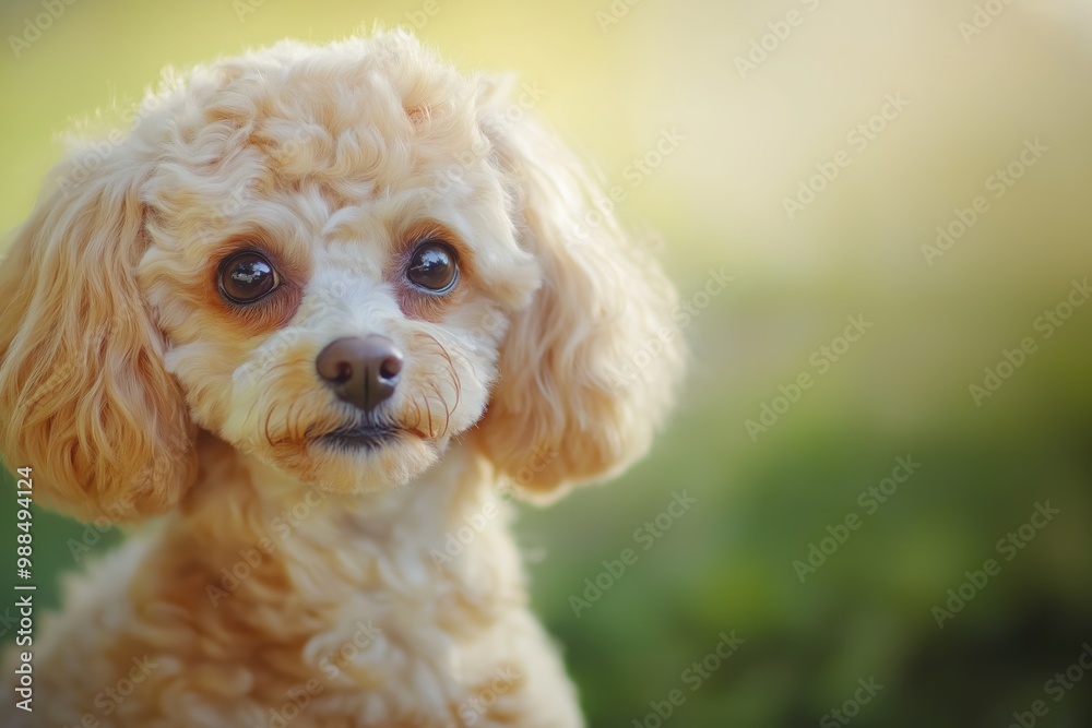 A close-up portrait photo of a cute poodle dog looking at the camera, isolated against a blurred background. A close-up portrait photo of a cute poodle dog looking at the camera, isolated against a blurred background.