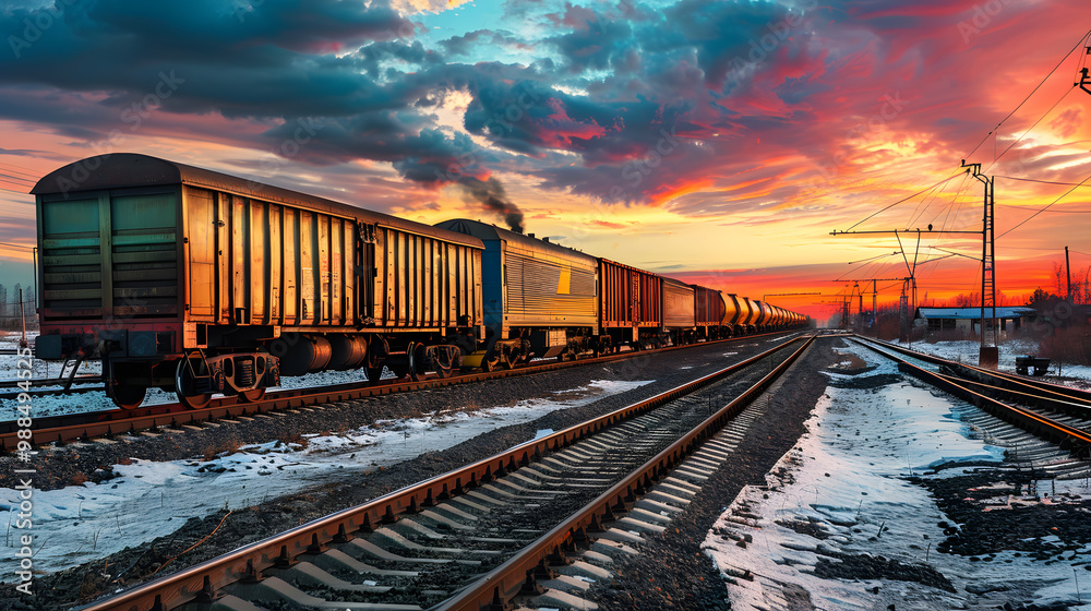 Obraz premium A freight train on a railway track transports containers and tanks with fuel. AI Generated