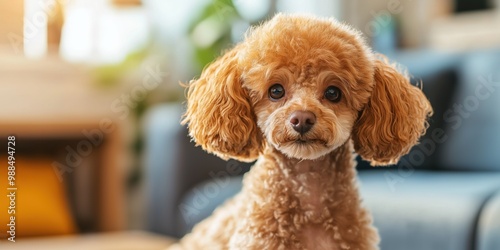 A close-up portrait photo of a cute poodle dog looking at the camera, isolated against a blurred background.