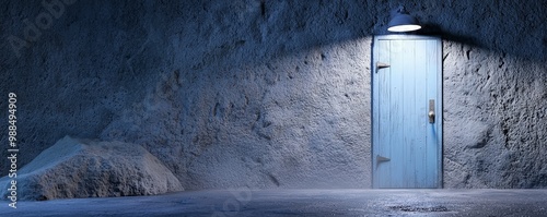 Dark, damp stone cellar with rough cartoon-style textures, soft lighting, gloomy atmosphere, moisture dripping from walls, shadowy corners, playful yet eerie, atmospheric design photo