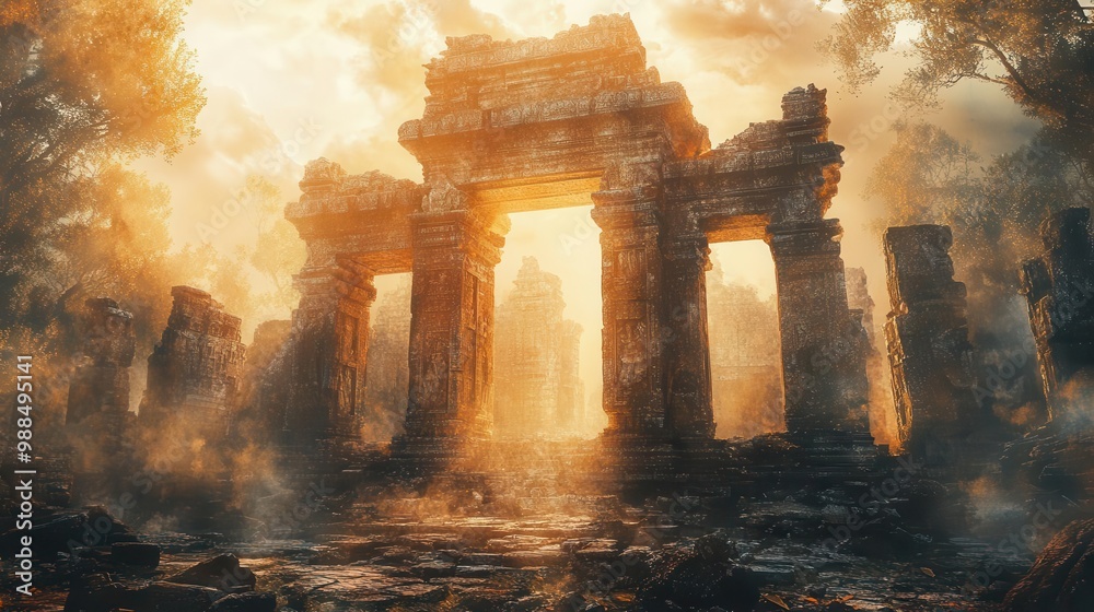 Fototapeta premium Ancient ruins with magical symbols, mythology, earth tones, digital art
