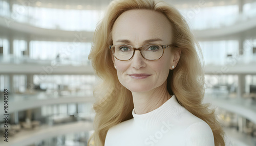 Portrait of a confident businesswoman wearing glasses in an office building.