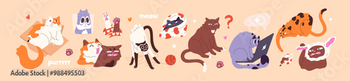 Funny cats set. Cute naughty kitties playing with yarn, have fun, meow. Typical feline behavior. Amusing kittens lying in box, sit on laptop. Goofy, fool pets. Flat isolated vector illustrations
