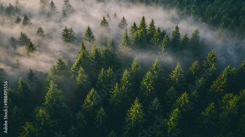 Misty Aerial View of Pine Forest on a Hillside