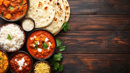 Indian food with curry, rice, naan bread, and cilantro on wooden background.