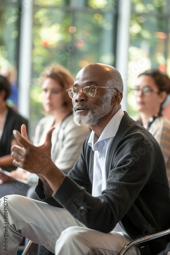 A mentor leading a group of young professionals in a leadership development seminar, with interactive discussions and group activities.