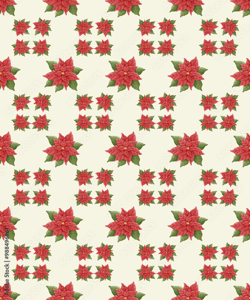 Watercolor seamless Christmas pattern with poinsettia flower and leaves Watercolor seamless Christmas pattern with poinsettia flower and leaves