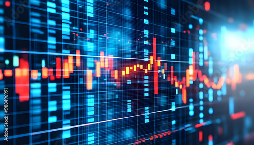 Abstract digital stock market graph with red and blue lines.