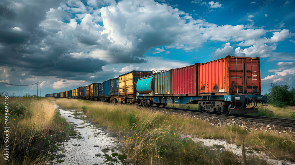 Obraz premium A freight train on a railway track transports containers and tanks with fuel. AI Generated