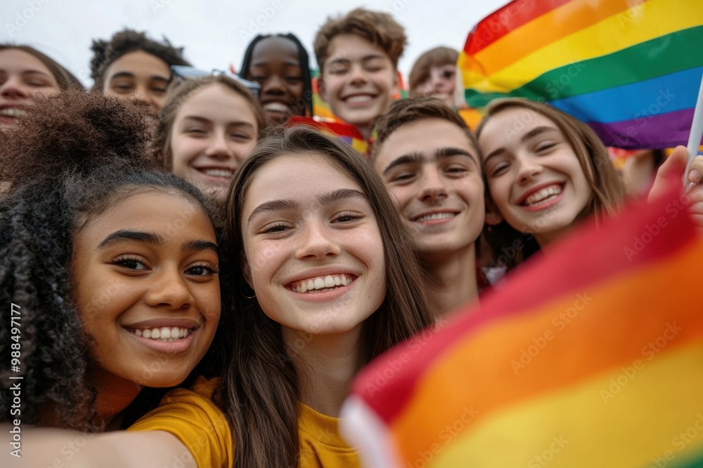 Lively group of diverse teenagers celebrating pride together in an outdoor setting with rainbow flags Lively group of diverse teenagers celebrating pride together in an outdoor setting with rainbow flags