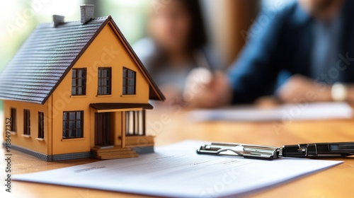 House Model, Paperwork, and Pen on Wooden Table