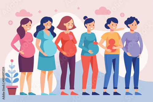 Six women happily showcase different stages of pregnancy, celebrating the journey with vibrant colors and cheerful moods against a soft backdrop.