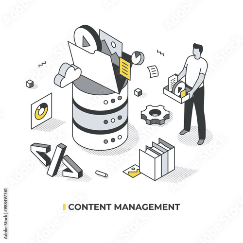 Content management isometriс illustration. A central server with a large folder on top, data streams flowing from box held by man, surrounded by tech icons, showcasing automation and organization