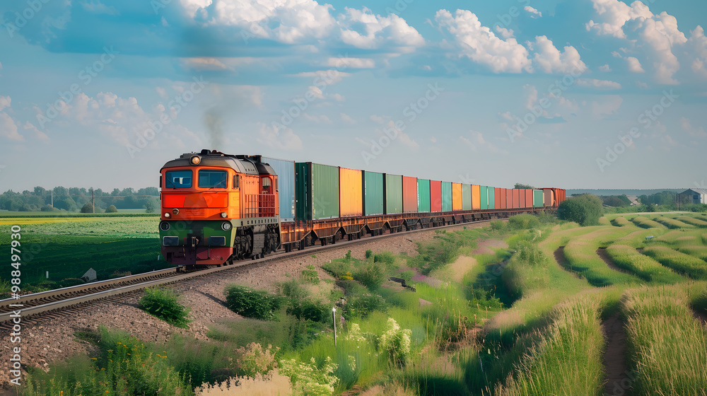 A freight train on a railway track transports containers and tanks with fuel. AI Generated A freight train on a railway track transports containers and tanks with fuel. AI Generated