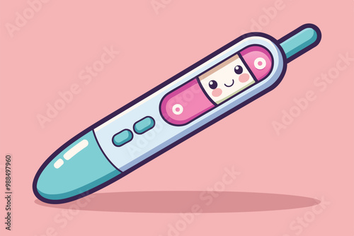 A colorful cartoon pregnancy test features a smiling face, designed to evoke positive emotions in expectant mothers.