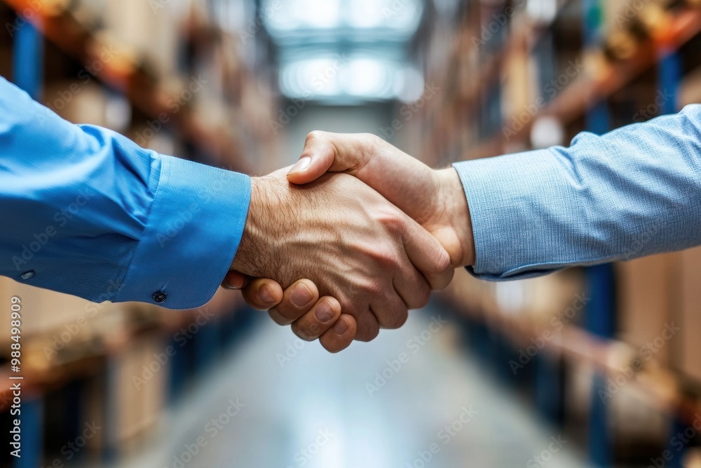 Two men shake hands in a warehouse Two men shake hands in a warehouse