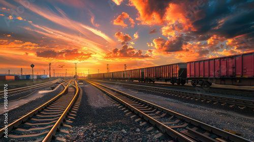 A freight train on a railway track transports containers and tanks with fuel. AI Generated