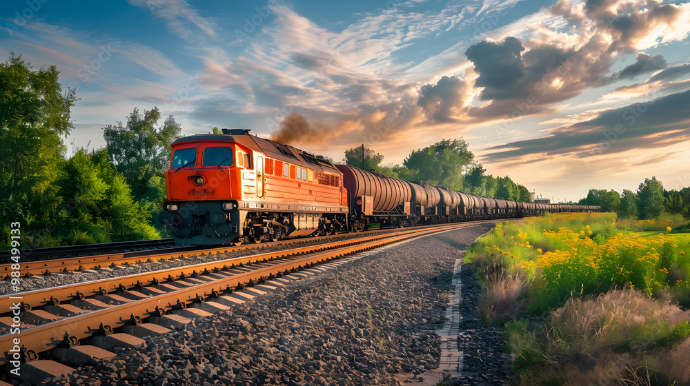 A freight train on a railway track transports containers and tanks with fuel. AI Generated A freight train on a railway track transports containers and tanks with fuel. AI Generated