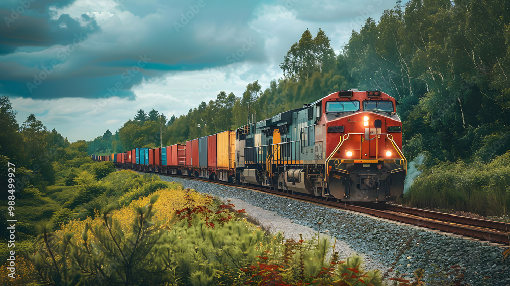 A freight train on a railway track transports containers and tanks with fuel. AI Generated