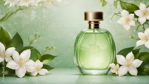 Elegant perfume bottle with jasmine flowers on a soft green and white floral background