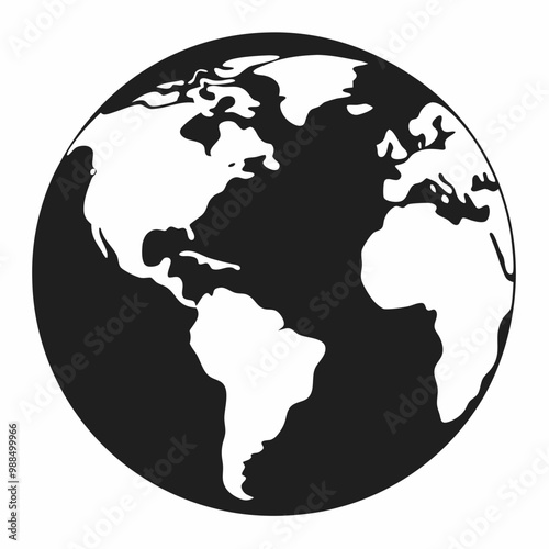 Black and white globe silhouette, simple Earth illustration with continents, clean minimalistic design, Globe and World Map Silhouette Icon on white background.