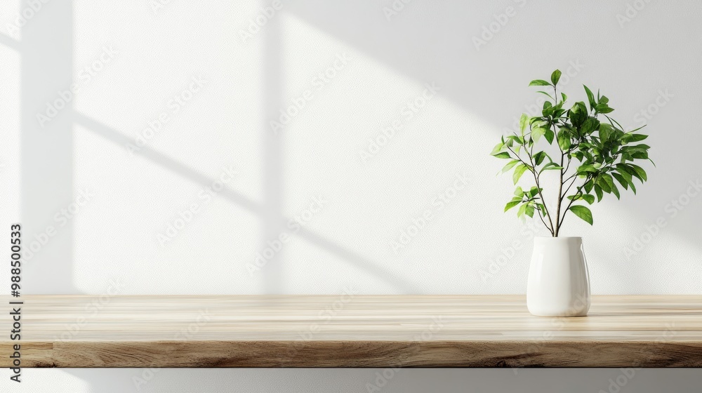 A Wooden Tabletop with a Small Plant in a White Vase Against a White Wall with Window Light A Wooden Tabletop with a Small Plant in a White Vase Against a White Wall with Window Light