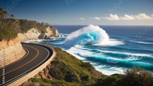 A coastal highway running along the edge of a cliff, with waves crashing against the rocks below and a stunning view of the ocean and sky photo