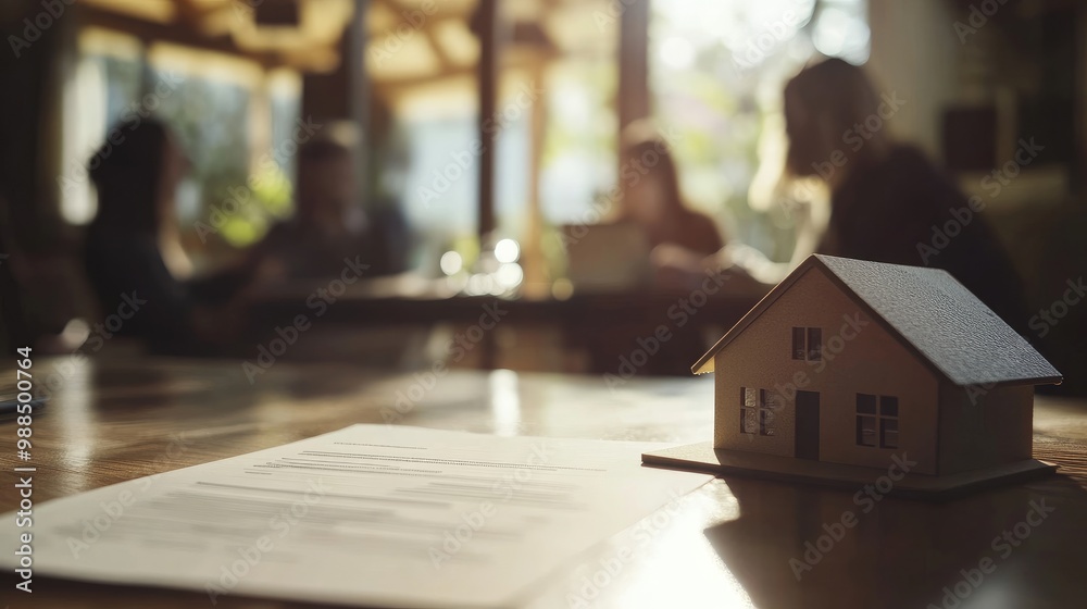 A House Model, Contract, and Blurred Figures in a Room