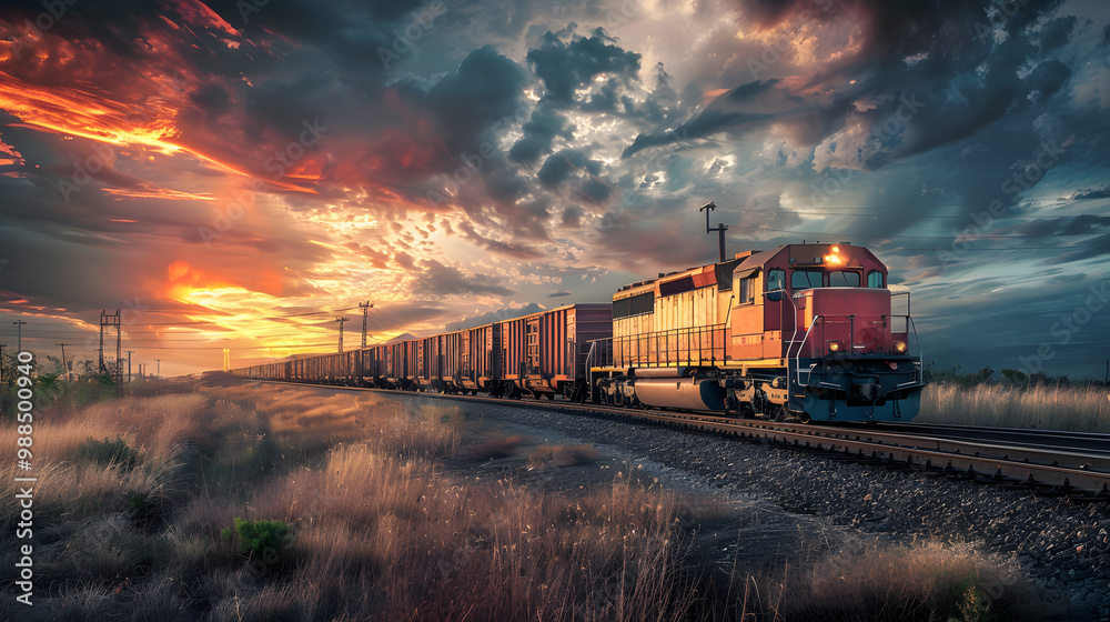 A freight train on a railway track transports containers and tanks with fuel. AI Generated