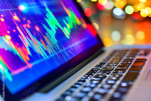 A close up image of a laptop screen with a stock market chart showing the rise and fall of different stocks.