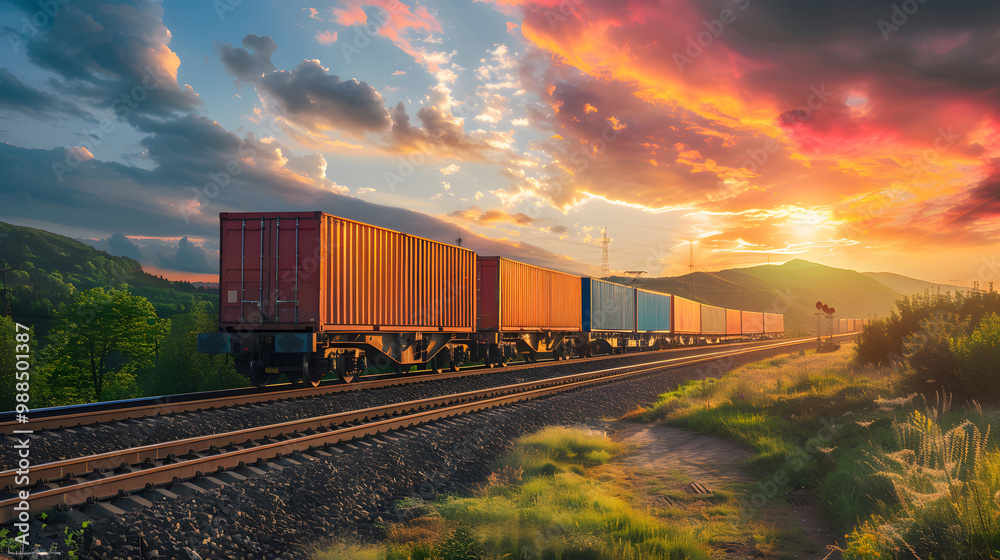 Fototapeta premium A freight train on a railway track transports containers and tanks with fuel. AI Generated