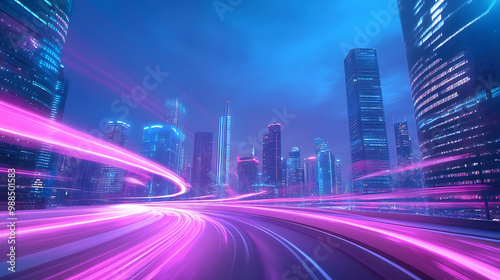 Futuristic cityscape with vibrant light trails at dusk