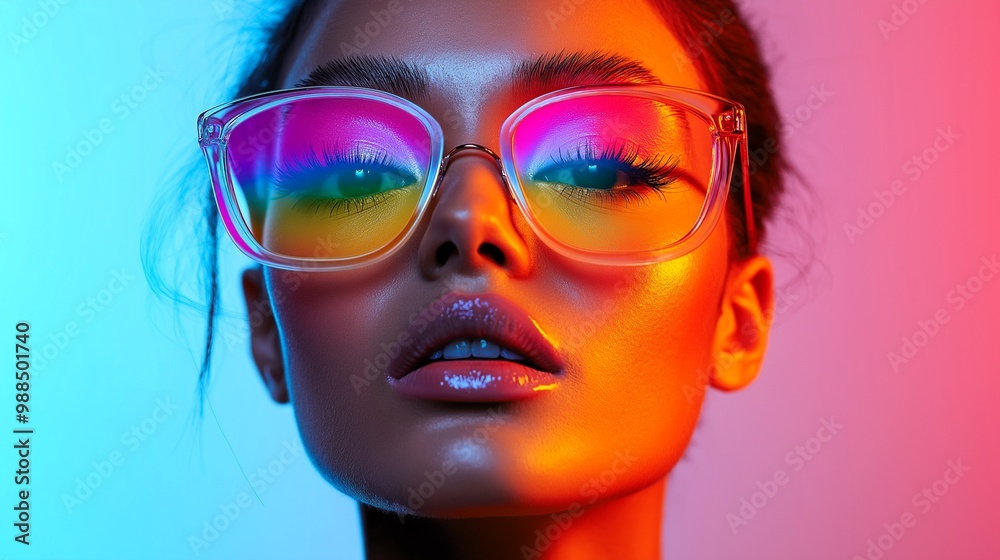 Neon Glow. Fashionable woman with vibrant, multicolored glasses, illuminated by neon lights for a striking, contemporary portrait.Generative ai illustration. Neon Glow. Fashionable woman with vibrant, multicolored glasses, illuminated by neon lights for a striking, contemporary portrait.Generative ai illustration.