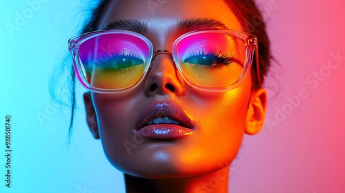 Neon Glow. Fashionable woman with vibrant, multicolored glasses, illuminated by neon lights for a striking, contemporary portrait.Generative ai illustration.