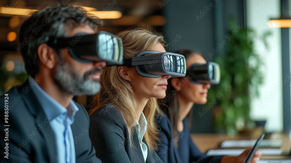 VR Training. Immersive Learning: A group of business professionals experience immersive VR training, wearing headsets with focused expressions.Generative ai illustration. VR Training. Immersive Learning: A group of business professionals experience immersive VR training, wearing headsets with focused expressions.Generative ai illustration.