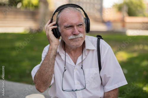 Smiling senior man wearing wireless headphones and listening to music photo