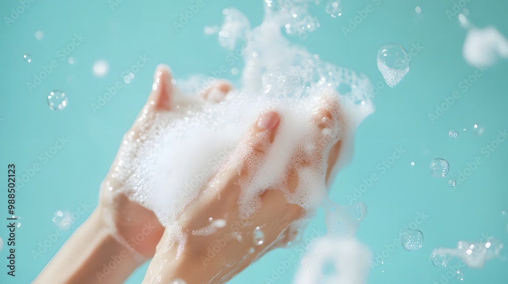 Hands Washing with Soap Bubbles in Bright Environment Hands Washing with Soap Bubbles in Bright Environment