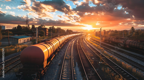A freight train on a railway track transports containers and tanks with fuel. AI Generated
