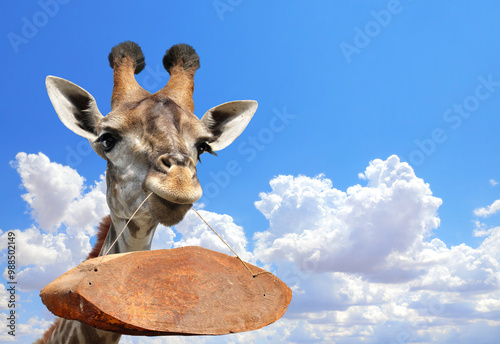 Canvas Print Giraffe face head with old wood tablet