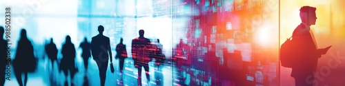 Silhouetted business people on colorful tech background