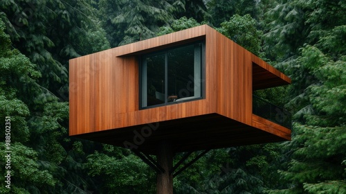 A sleek, modern wooden treehouse perched among tall trees in a lush green forest, blending contemporary design with natural surroundings.