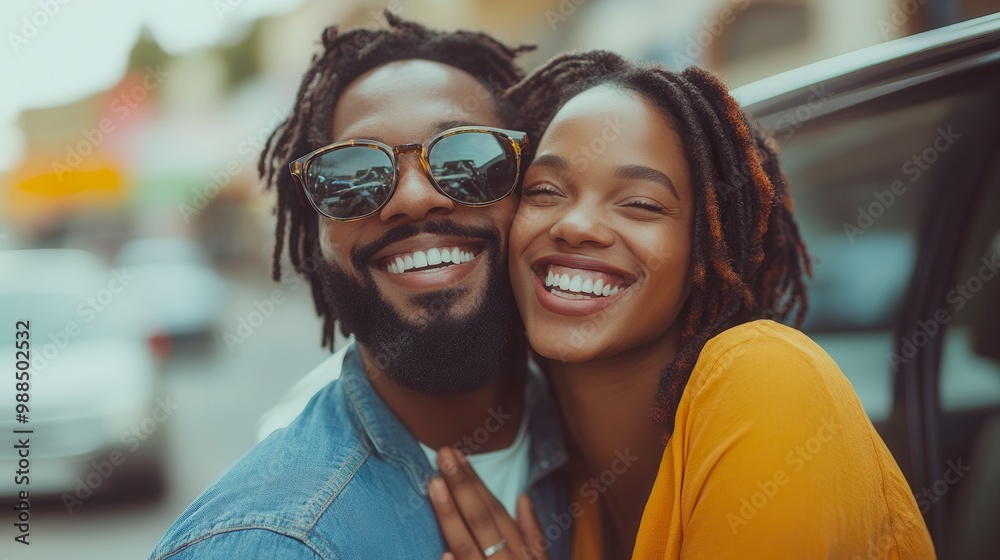 Happy couple smiling and embracing while choosing a new car at dealership Happy couple smiling and embracing while choosing a new car at dealership