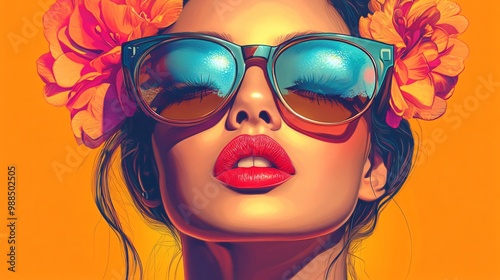 This artwork showcases a vibrant and elegant portrait featuring a floral headpiece set against a bright orange background