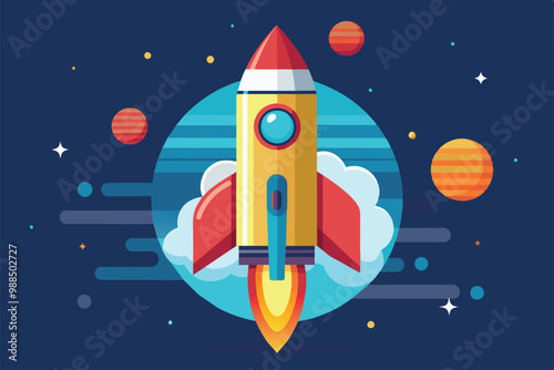 A vibrant rocket launches through space, surrounded by colorful planets and twinkling stars, depicting exploration and adventure in a cosmic landscape.