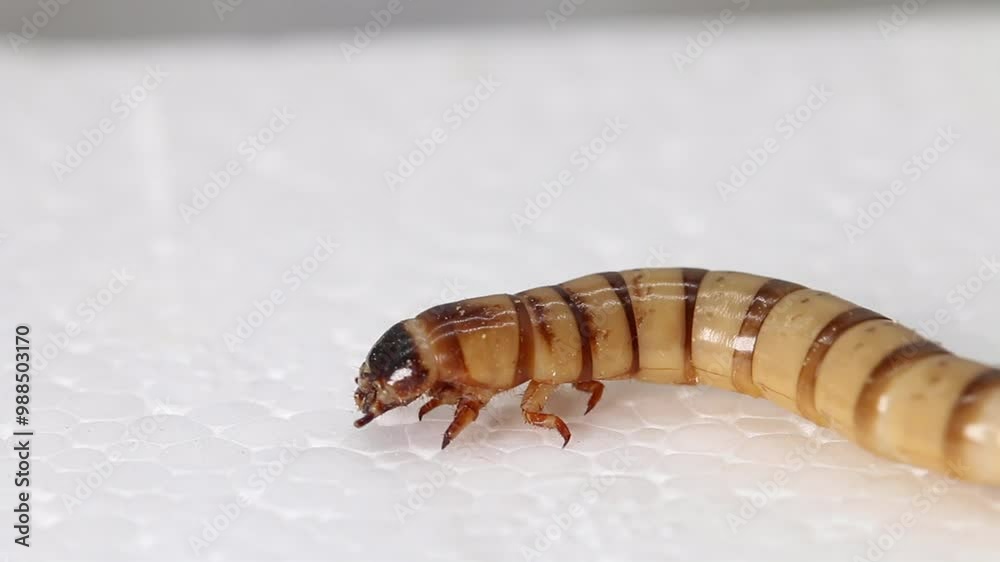 Closeup of a Giant Mealworm, or Morio. These larvae of the Darkling Beetle, are able to feed on some plastics such a polystyrene Closeup of a Giant Mealworm, or Morio. These larvae of the Darkling Beetle, are able to feed on some plastics such a polystyrene